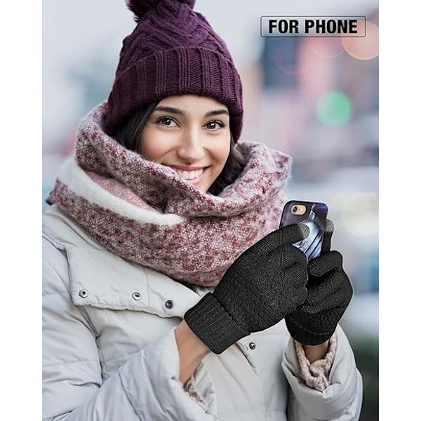 (Rosa, Svart) 2 par dam vinter touch screen handskar, varma stickade handskar, elastiska manschetter, vinter