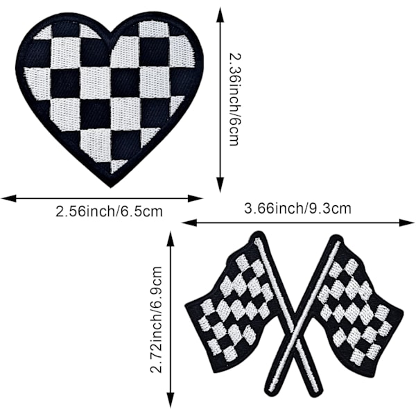 8 STK. Ternede Racing Flag Patches, Hjerte Ternede Strygemærker, Sort Hvide Hjerter Broderede Jeans Patches Punk Sjovt Broderet Badge Strygemærke