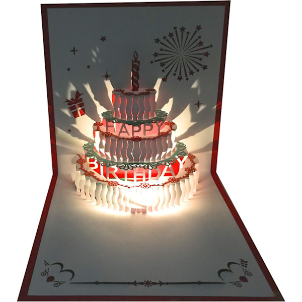 1 stk 3D Pop-up bursdagskort, automatisk avspilling av musikk, varmt LED-lys Gold foil cake + Music red light