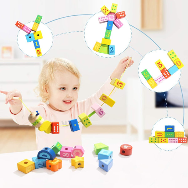 Puinen nauhoitushelmi lelu numerolla 1-vuotiaalle tytölle, Montessori lelu 2-vuotiaalle hienomotoriikalle