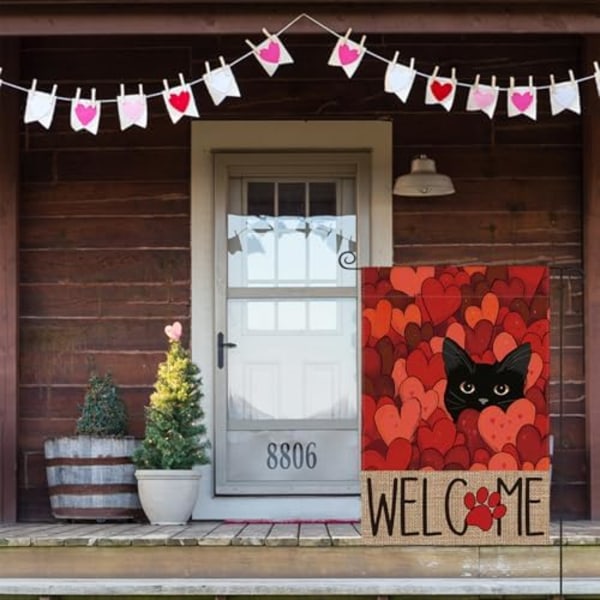 2 stk. 30x45cm Valentinsdag Haveflag Dobbeltsidet Udendørs, Sort Kat Kærlighedshjerter Velkommen Have Udendørs Flag