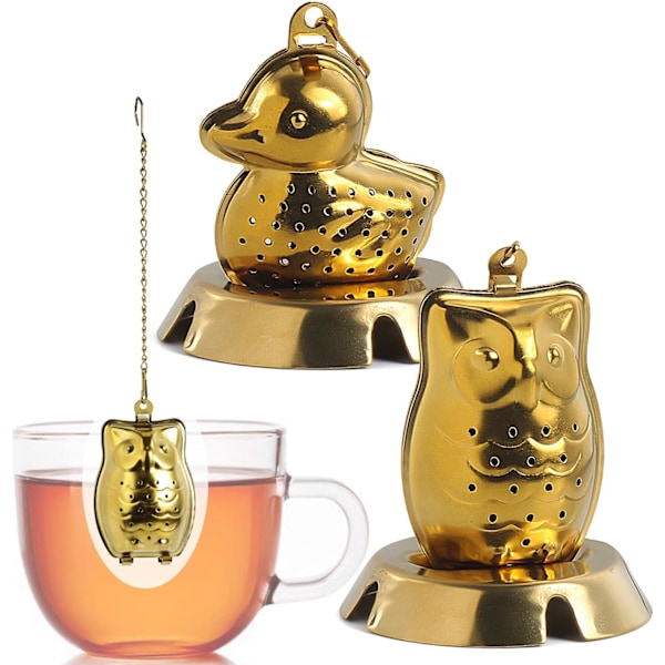 Te-infuser 2 stk. Løsbladste Si Te-diffusere til Løs Te Søde Te-kugler i And & Ugle Form (Guld)
