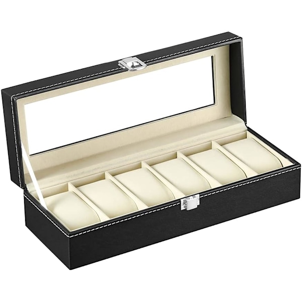 1 stk. Urkasse med 6 rum, Ur-displaykasse til 6 ure, Ur-display med glaslåg, Velourforing, 30 x 11,5 x 8 cm