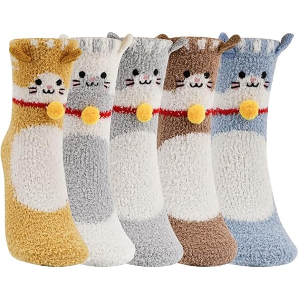 5 par fluffy sokker, nye kattemønstre til kvinder, bløde varme vintersokker, koral fleece seng sokker