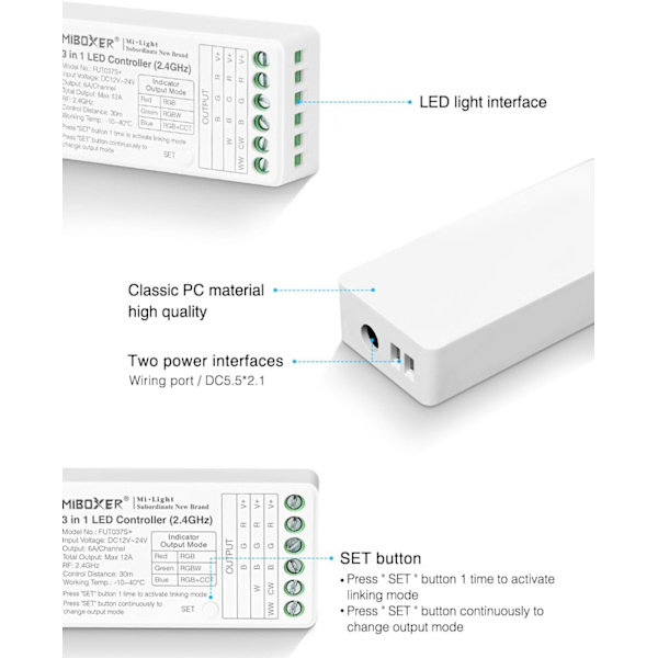 FUT037SA+ Miboxer 3-i-1 LED-controller-kit, kompatibel med RGB & RGBW & RGB+CCT LED-striplys