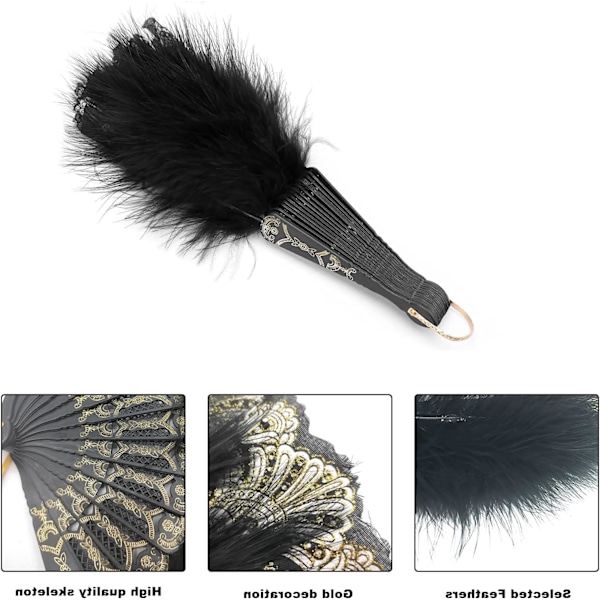 2 stk. Sort Hvid 1920'er Fjer Fan, Broderet Blomst Marabou Fjer Fan, 1920'er Marabou Fjer Fan, Flapper Fjer