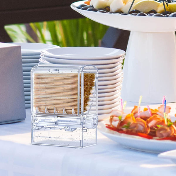 1 Stycken Tandpetare Dispenser Kreativ Klar Knopp Strömbrytare Akryl Tandpetarhållare Automatisk Låda för Bord Kök Hem Restaurang Fest