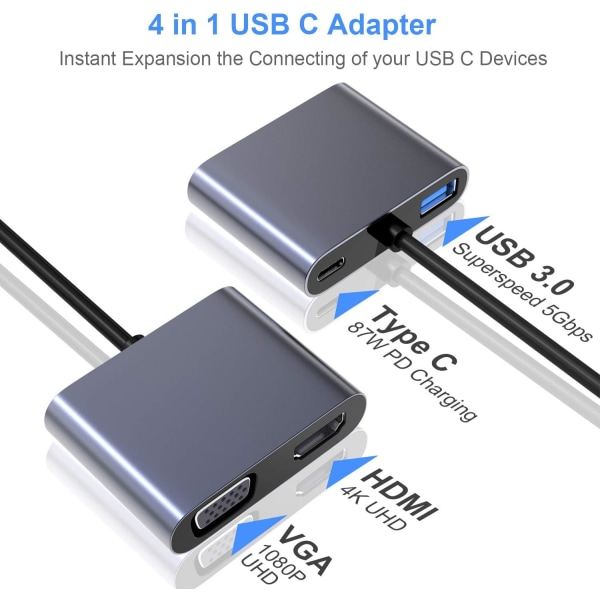 USB C till VGA HDMI-adapter, 4 i 1 Typ C Hub till VGA HDMI 4K UHD