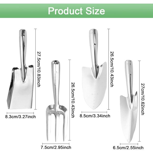 Puutarhatyökalusarja, 4 kappaletta ruostumattomasta teräksestä valmistettuja puutarhatyökaluja, joissa on käsikauha, terävä lapio, käsihaarukka ja neliölapio