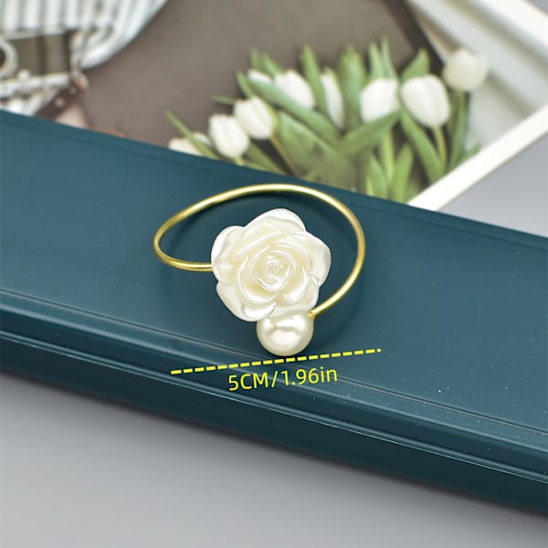 Gyldne Perle Serviettringer Sett med 6 Blomster Serviettring for Bryllup, Middagsfest, Bankett, Hvit Rose Serviett for Valentinsdag