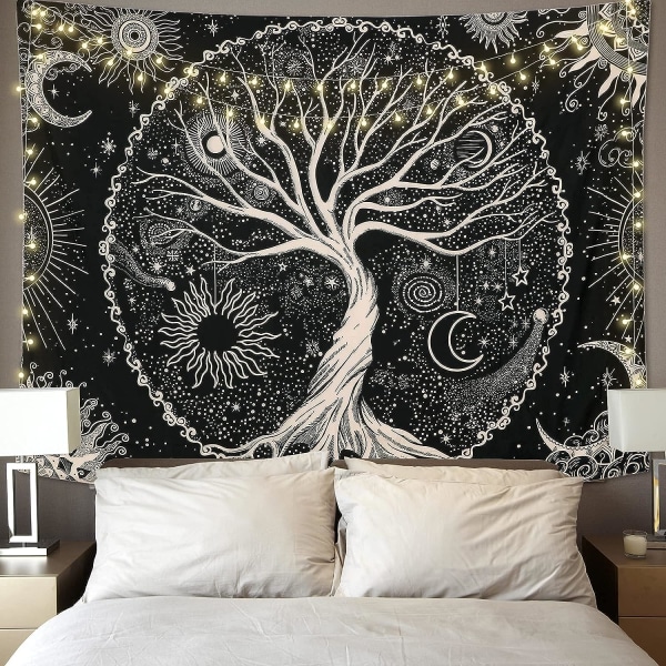 Tree of Life Tapestry Moon and Sun Black seinälle ripustettava psykedeelinen materiaali