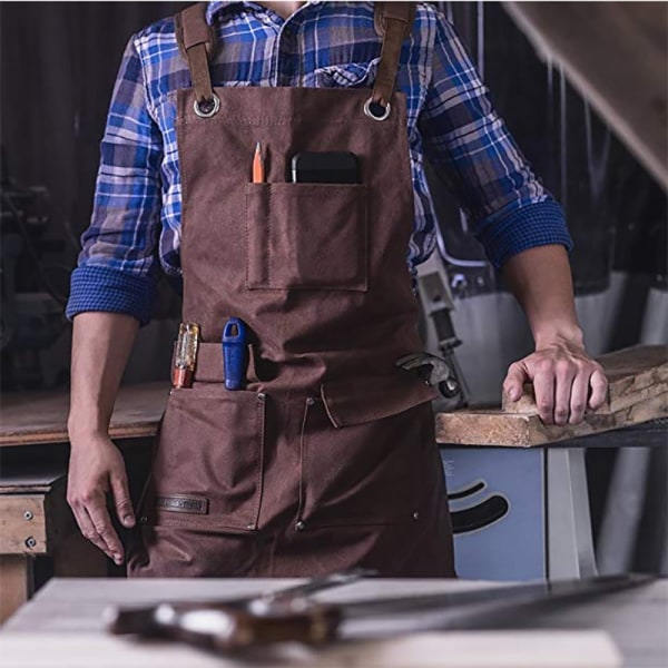 Arbeidsforkle for menn med lommer for verktøy, voksbehandlet lerret