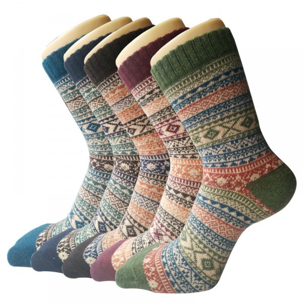 5 par sokker i etnisk stil, midtkalvsokker, tykke ullsokker for høst og vinter