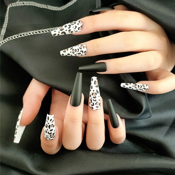 Matte Sort Leopard Tryk på Negle Falske Negle, Kiste Negle Balle