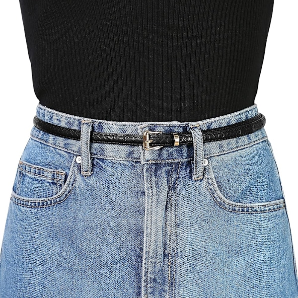Sort Kvinders Skinny Præget Læderbælte Alloy Pin Spænde Bælte til Jeans Kjoler Bukser