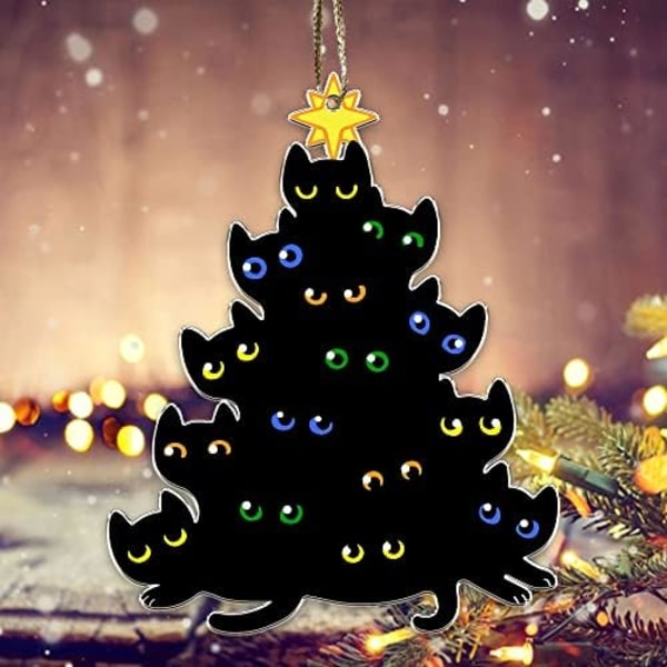 Sorte Katte Julepynt - Sorte Katteøjne Akryl Flad Pynt - Sød og Spooky Juletræspynt til Katteelskende