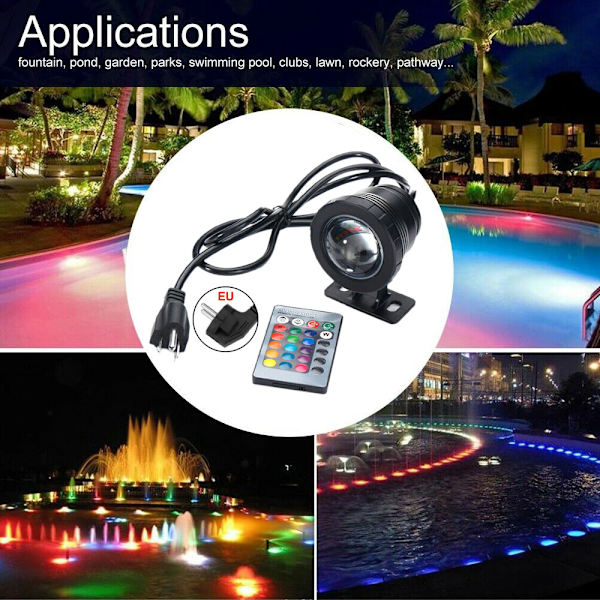 Musta + hopea uima-altaan valo 10W RGB-kaukosäätimellä IP