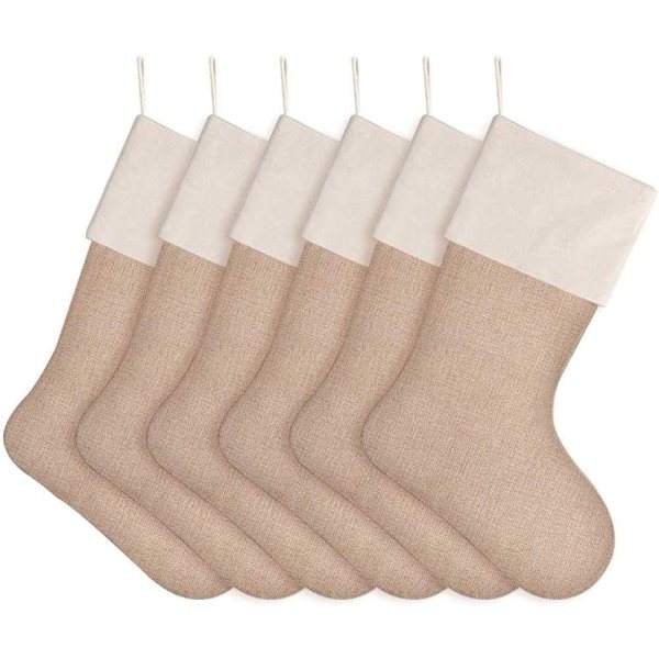 Set med 6 Naturliga Jute Burlap Julstrumpor för Eldstadshängning för Presenter Godis Handgjorda Projekt