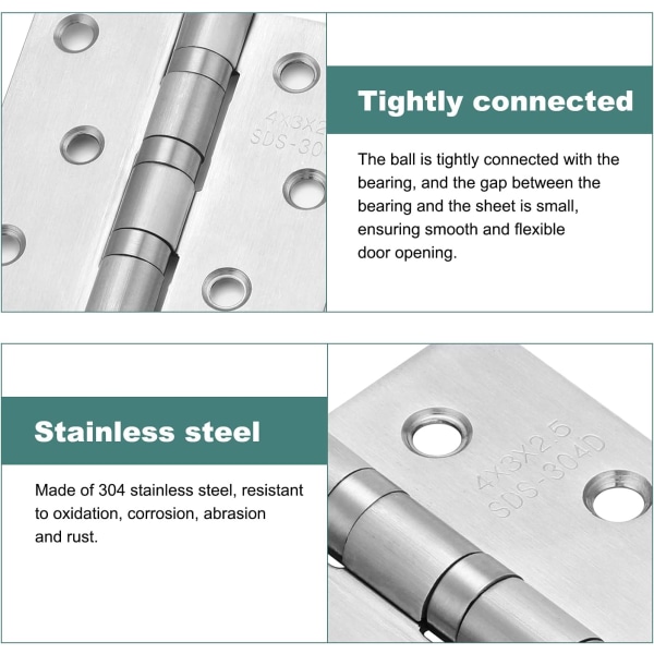8 pak 10cm rustfrit stål dørhængsler, 4-vejs stålkugleleje