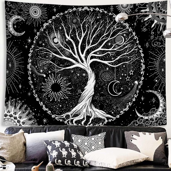 Tree of Life Tapestry Moon and Sun Black seinälle ripustettava psykedeelinen materiaali