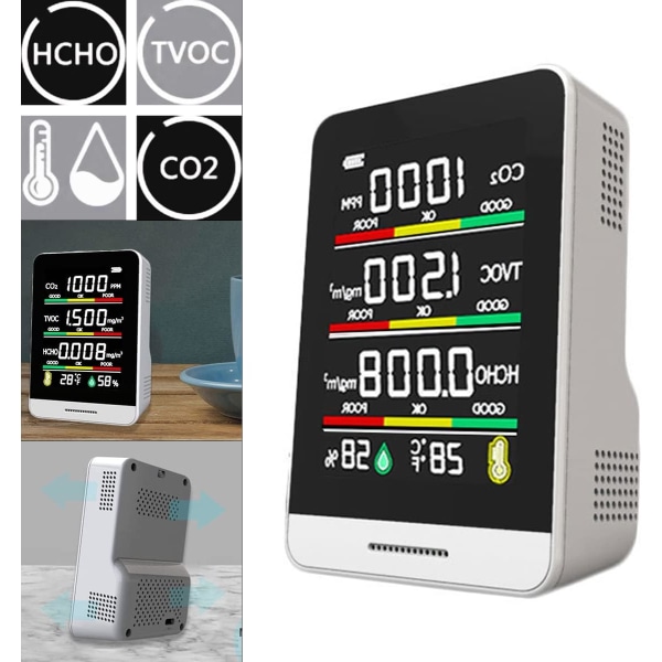 Luftkvalitetsmonitor, 5 i 1 koldioxid CO2 HCHO TVOC-detektor, gasanalysator för temperaturfuktighet