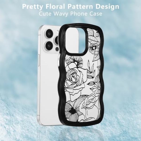 iPhone 15 Pro Max Skal, Söt Blommig Ros Vågigt Lockigt Vågrams Transparent Estetiskt Telefonfodral för Kvinnor Flickor, Smalt TPU Stötskydd