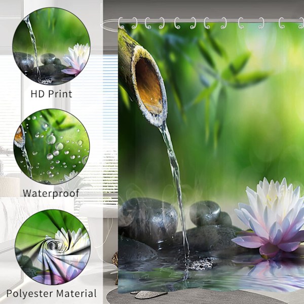 Zen Have Bruseforhæng 120x180, Grøn Bambus Sort Sten Hvid Blomst Badeforhæng Japansk Meditation Afslapning Vandtæt Stof Vaskbart Bade C