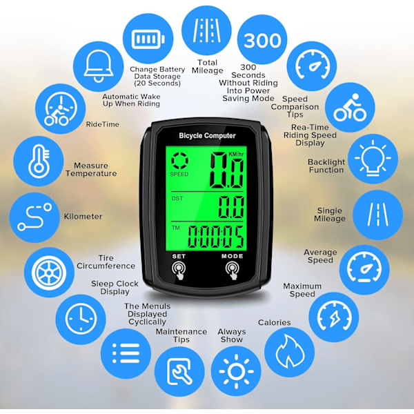 Cykelcomputer og cykelkilometertæller med ledning MPH KM/H Cykel speedometer med automatisk opvågning Cykelhastighedsmåler LCD-display & enkelt kilometertal & Multi-F