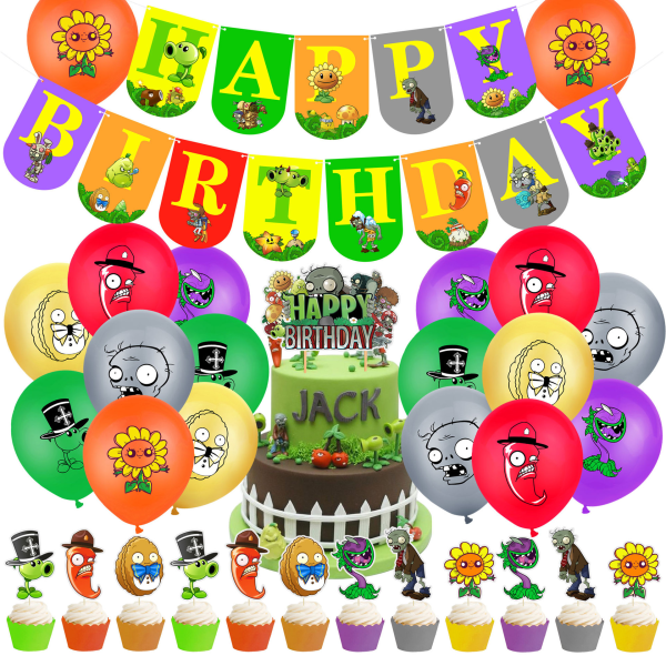 32 delar Plants VS Zombies festartiklar, inklusive PVZ Happy Hirthday Banner, PVZ Cake Topper, PV