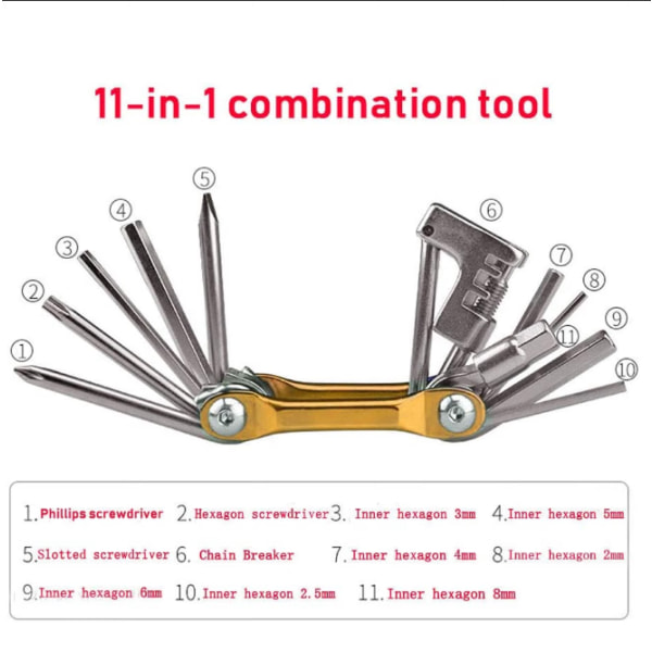 11-i-1 multifunksjons sammenleggbar sykkelreparasjonsverktøy, sykkelreparasjon