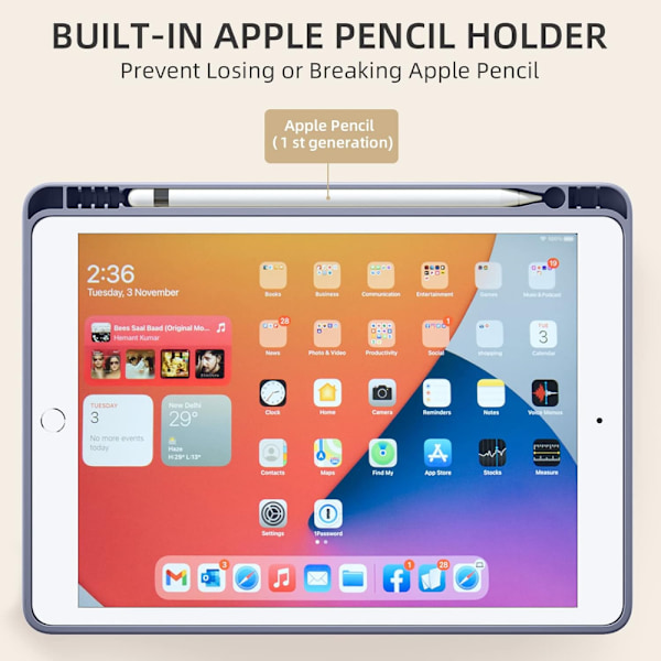 iPad 7./8./9. sukupolvelle sopiva kotelo kynänpidikkeellä, suojaava kotelo pehmeällä Purple