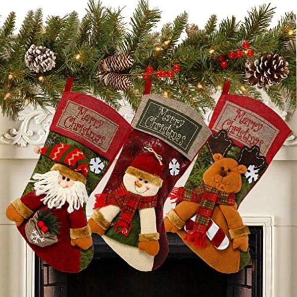 3-pack Julstrumpor 21*42cm Klassiska Stora Strumpor Tomte, Snögubbe, Rensa Julkaraktär för Familj Semester Jul