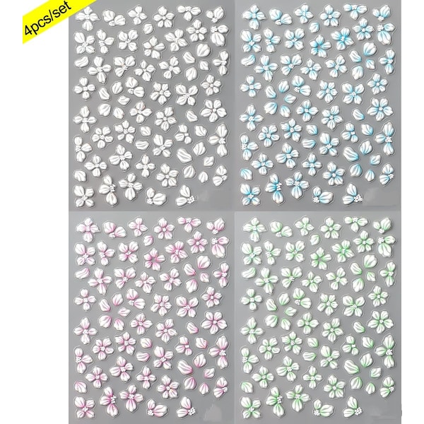 5D Präglade Blommor Nagelstickers för Nagelkonstdesign, 4 Ark Vår Körsbärsblom Blomblad Självhäftande Nageldekaler, Holografiska Sakura Folier
