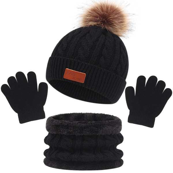 (Musta)Lasten yksivärinen lämmin hattu, huivi ja hanskat kolmessa