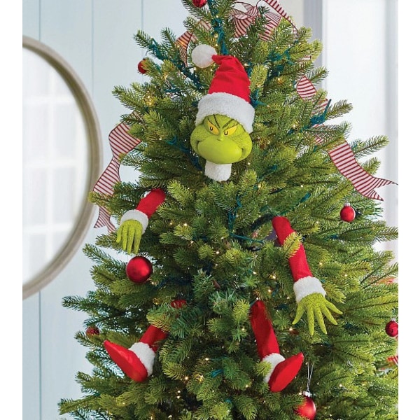 Juletræspynt, Grinch juletræstop med hoved, arme, ben, stjal, plys elf, garl