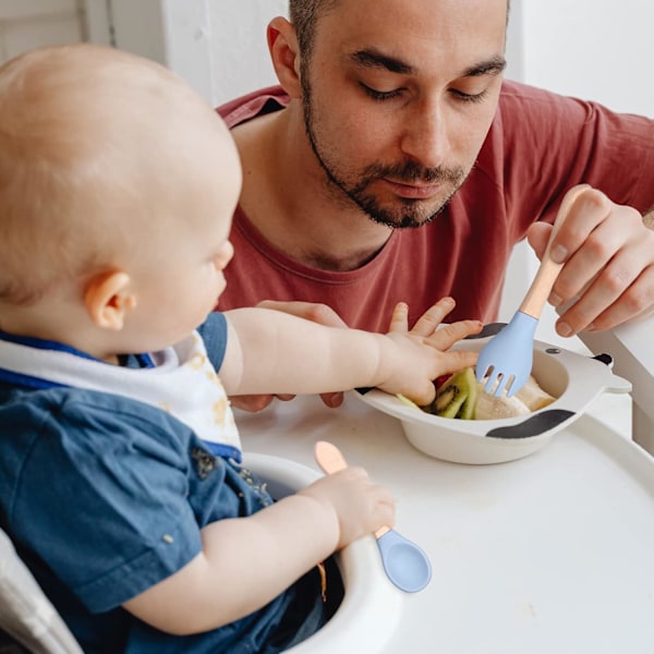 Sett med 1 silikon babygaffel og skje, 1 stk silikon gaffel 1 stk silikon babyskje Selvhjelp 6+ måneder Trehåndtak