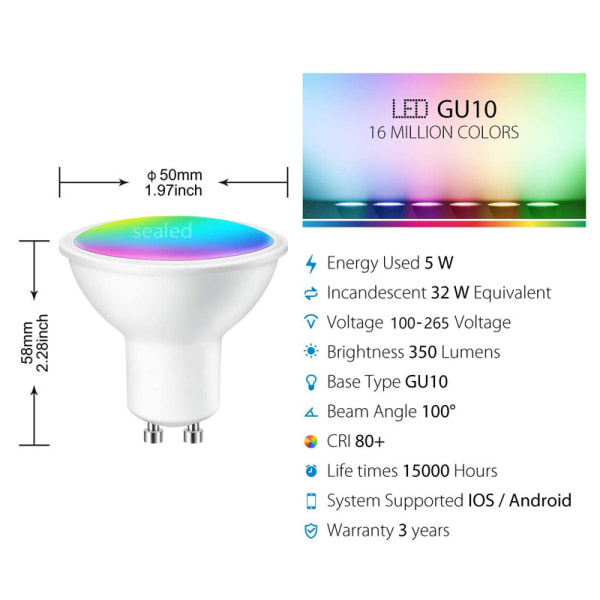Pakke med 4 GU10 RGB spot LED-pærer - farveskiftende, dæmpbar varm