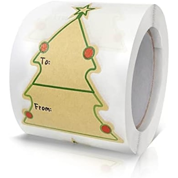 Juleklistremerker Gaveetiketter God Jul Søte Tre Etiketter Rull 2,6 x 2 Tommer Kraftpapir Selvklebende Navnelapper Skrivelige