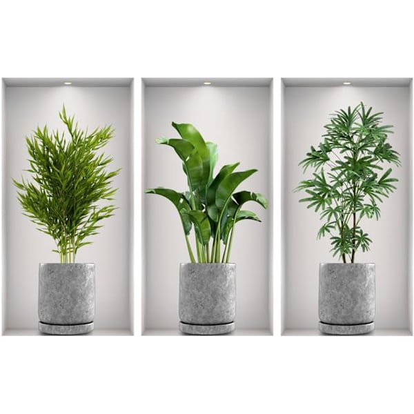 3D Grønne Plante Veggklistremerker, 3stk Vase Plante Veggklistremerker