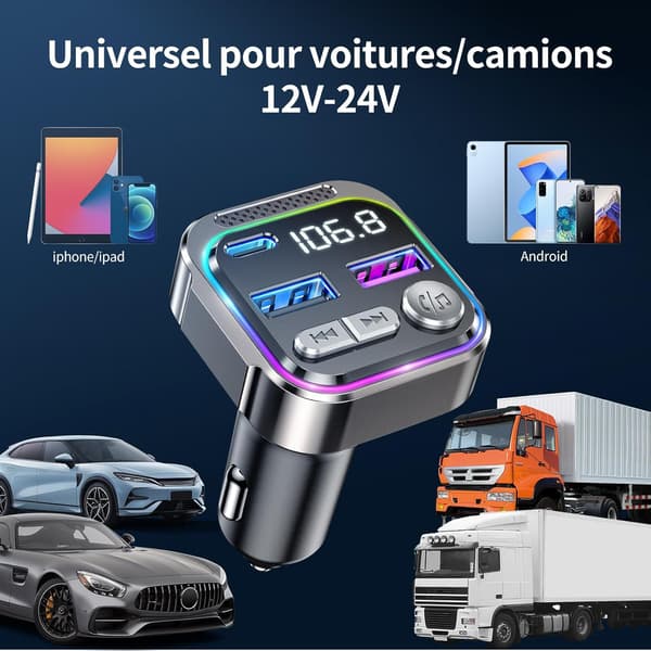 Bluetooth FM Bilsender, Radiosender med cigarettænderstik, USB C QC PD 36W Adapter, Bluetooth Bilradio