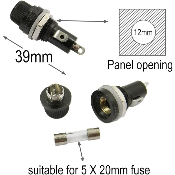 10 stk 5 x 20 mm sikringsholder AC 10A 250V svart skruehette sikringsholder, panelmontert skruehette sikringsholder