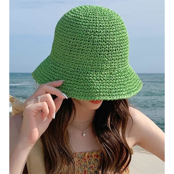 Dam Solhatt i Halm Vävda Virkad Bucket Hatt Fiskehatt Strandhatt Vikbar Keps Enfärgad Halm Sommar Strandhatt