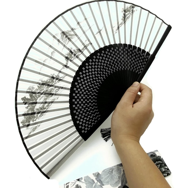 White Landscape Silk Bamboo Folding Fan, Include Silk Pouch, Ch