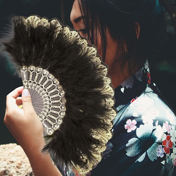 2 stk. Sort Hvid 1920'er Fjer Fan, Broderet Blomst Marabou Fjer Fan, 1920'er Marabou Fjer Fan, Flapper Fjer