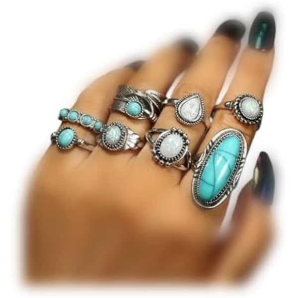 Bohemian Stable Ring Stable Knuckle Ring Leddbånd Ringsett Oval Turkis Finger Ring Opal Edelsten Tåre Midt