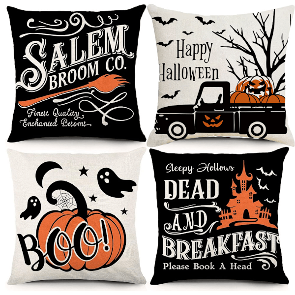 Set med 4 Halloween gresskar dekorative putetrekk (18*18 tommer) for stue, soverom, seng, sofa, Ca