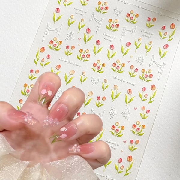 5D Tulpan Blomma Nagelkonst Klistermärke Präglad Vår Söta Nageldekaler Blommor Nagelklistermärken för Nagelkonst Design Tillbehör Blomklistermärken för Kvinnor Flickor Ki