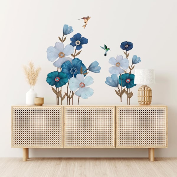 Blå och vit blomväggdekal, blommig växtväggdekal, flygande fågel väggdekal, lämplig för vardagsrum, sovrum, hemmakontor, soffbakgrund