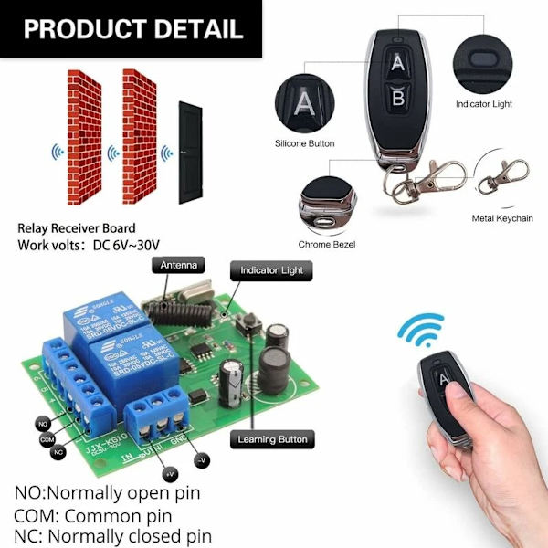 Sikker fjernkontrollbryter DC 12V trådløs 433Mhz RF 10A relé