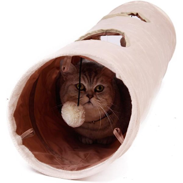Vägtunnel för katt med 2 hål, mjuk hopfällbar kattunnel med hängande leksak